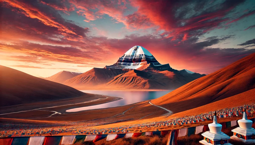 DALL·E-2024-11-23-22.21.15-A-stunning-view-of-Mount-Kailash-at-sunset-with-its-snow-capped-peak-glowing-in-warm-orange-and-pink-hues.-The-surrounding-landscape-features-rolling